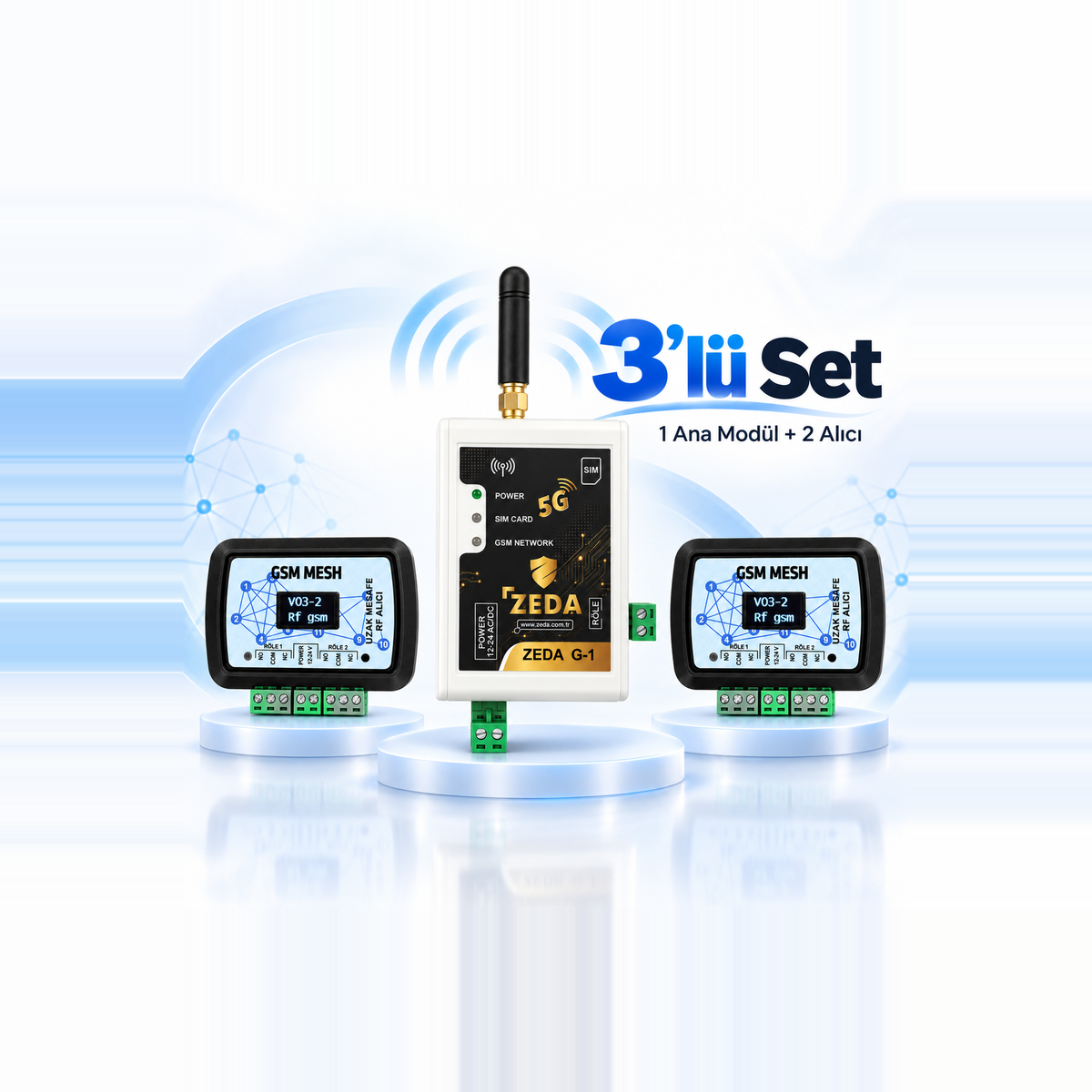 ZEDA GSM Mesh 3’lü Set – 1 Ana Modül + 2 Alıcı