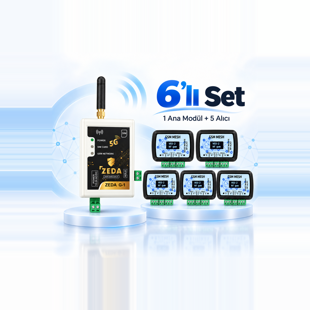 ZEDA GSM Mesh Kablosuz 6’lı Set – 1 Ana Modül + 5 Alıcı