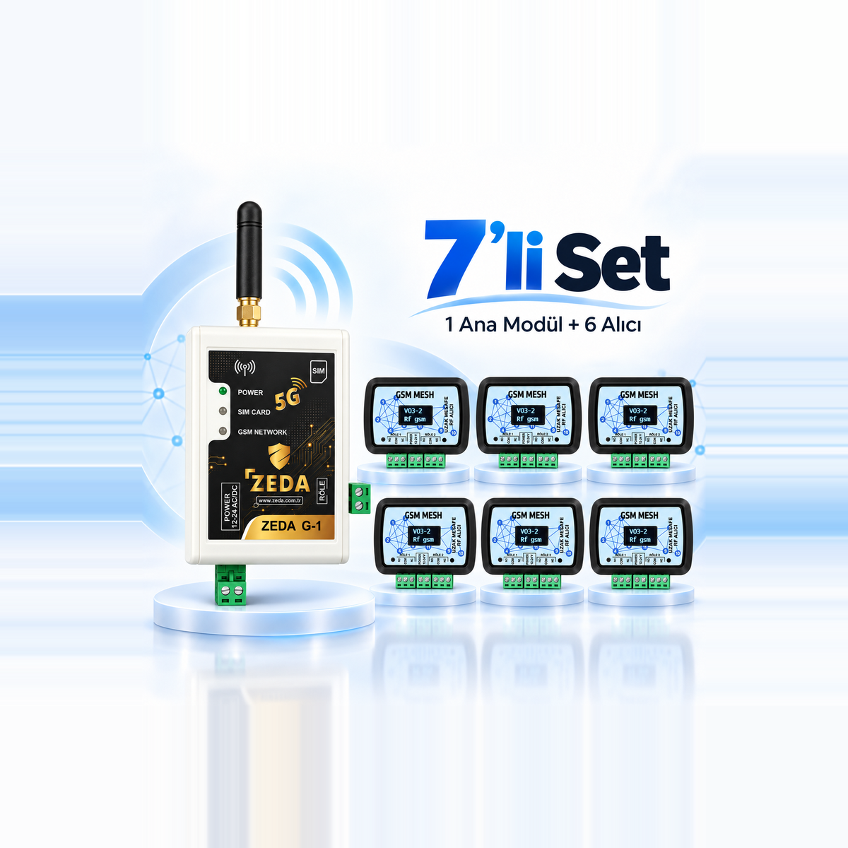 ZEDA GSM Kablosuz Mesh 7’li Set – 1 Ana Modül + 6 Alıcı