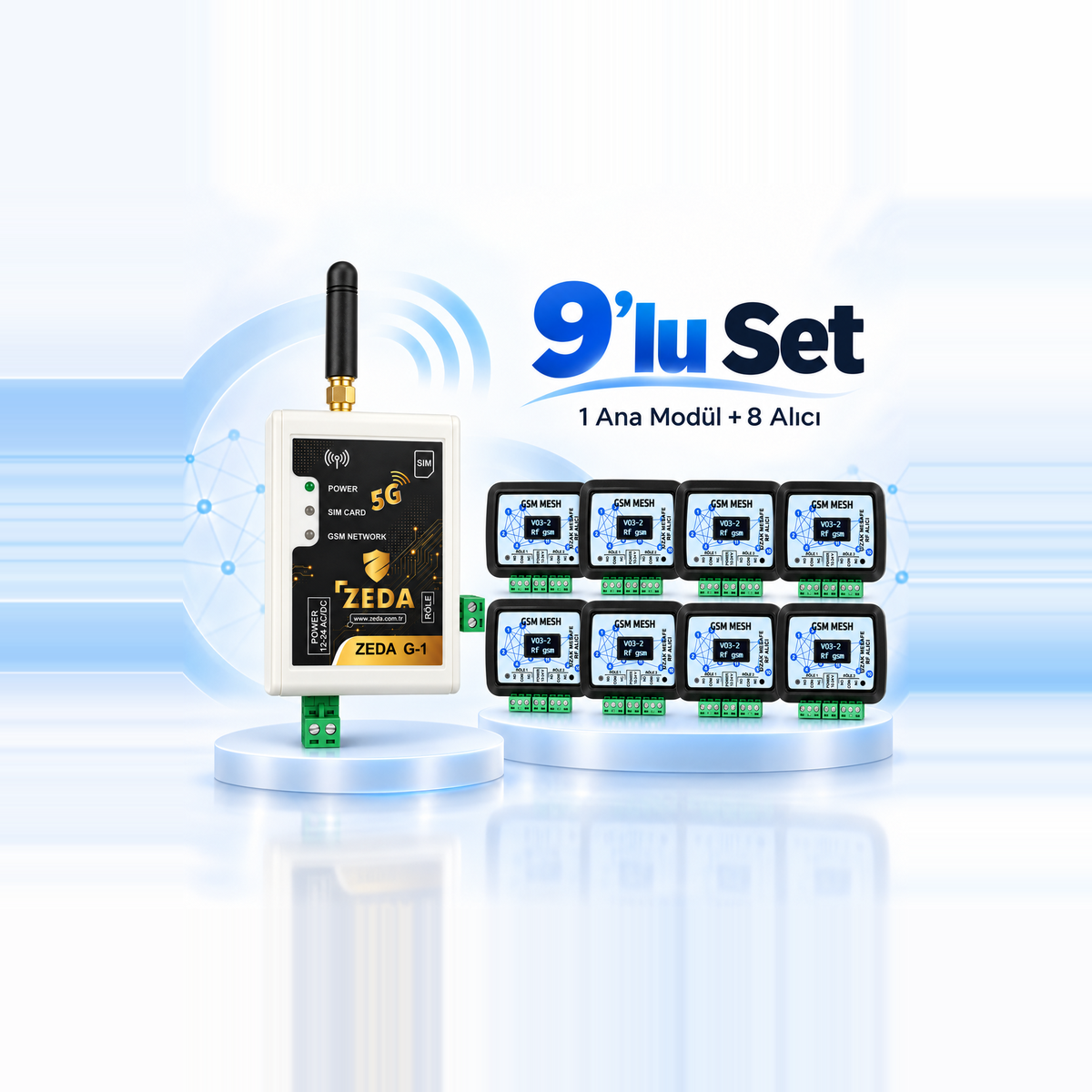 ZEDA GSM Kablosuz Mesh 9’lu Set – 1 Ana Modül + 8 Alıcı