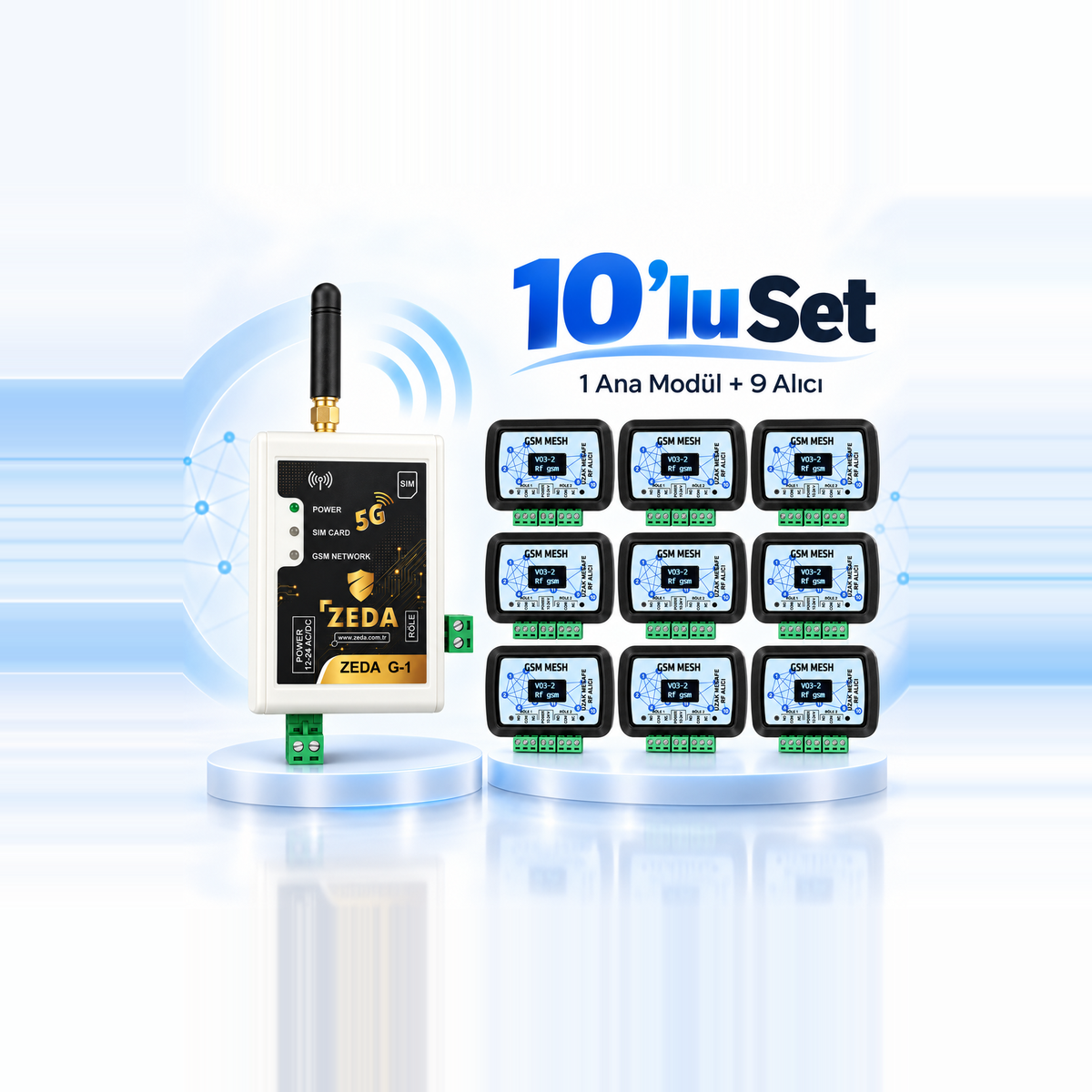 ZEDA GSM Kablosuz Mesh 10’lu Set – 1 Ana Modül + 9 Alıcı